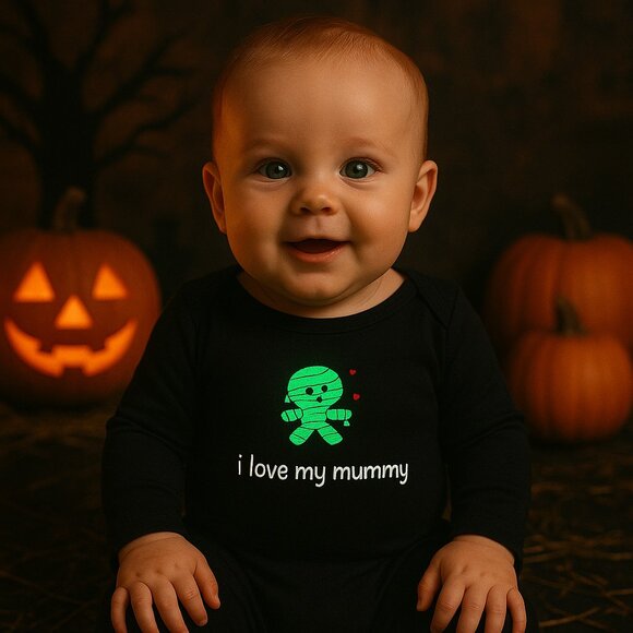 Topsville NB Glow Bodysuit “I Love My Mummy” Halloween Baby Black Cotton - Picture 1 of 10